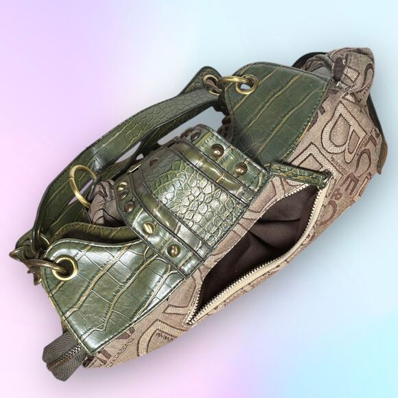 Dolce&Gabbana Shoulder Bag Designer Purse Brown Fabric w/ Green Textured Leather - Picture 11 of 13